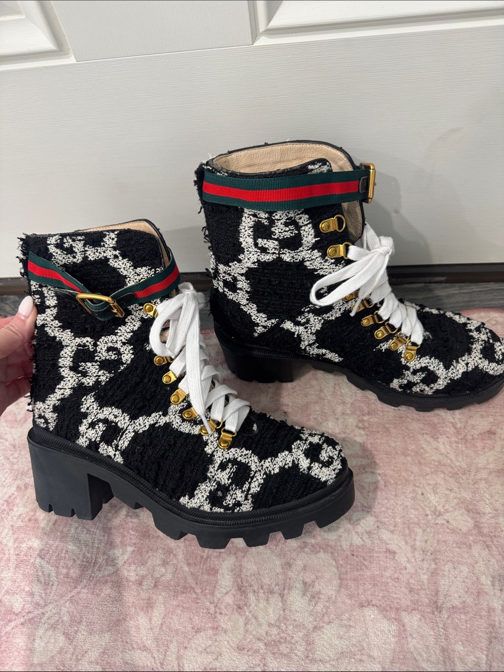 Designer-Inspired Black & White Chunky Lace-Up Ankle Boots
